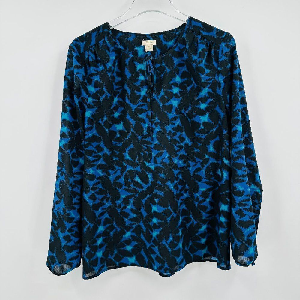 J. Crew Sz Medium Blue & Black Printed Tie Neck Long Sleeve Sheer Popover Blouse